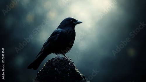 A black bird is perched on a rock in the dark photo