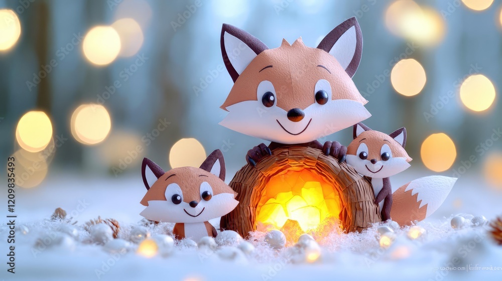 Obraz premium Festive fox family by winter fire, bokeh lights