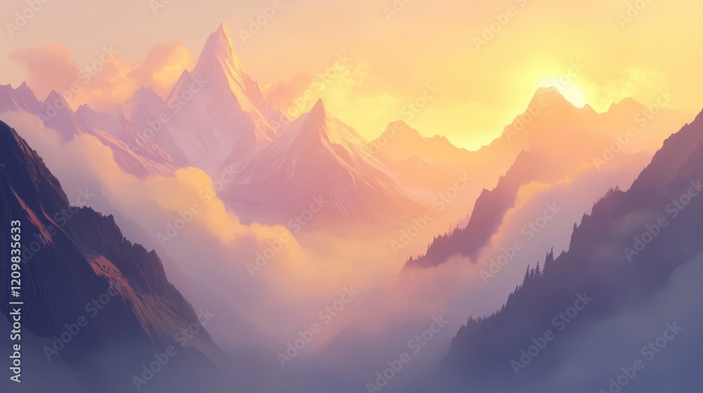 Misty mountain range at sunrise with soft golden light illuminating the peaks, tranquil vibes Misty mountain range at sunrise with soft golden light illuminating the peaks, tranquil vibes