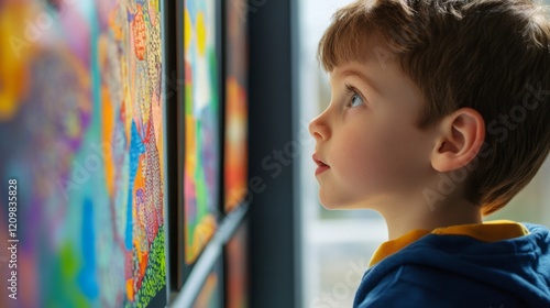 Child gazing intently at vibrant pictures, capturing the imagination and sparking curiosity in the young mind. The essence of childhood wonder and exploration.