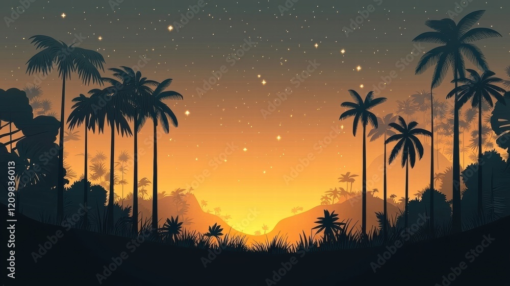 Fototapeta premium Breathtaking Tropical Sunset with Silhouetted Palm Trees and Stars in the Sky - Perfect for Nature and Travel Themes, Digital Art and Illustration.