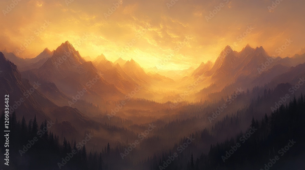 Serene sunrise with soft golden light spreading across misty mountain ranges Serene sunrise with soft golden light spreading across misty mountain ranges
