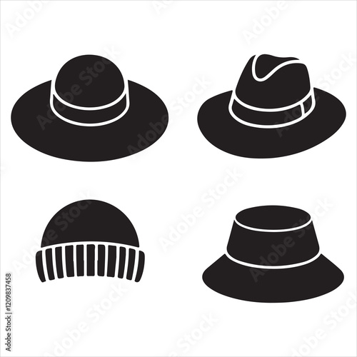 set of vector various style sun hat, beach hat, summer straw hat silhouette