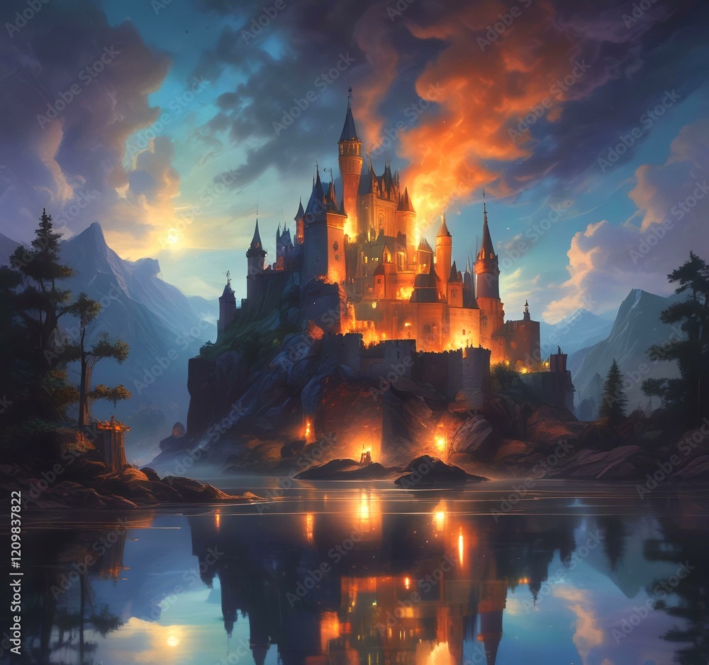 Naklejka premium Illustration of glowing mystery tower castle in night.