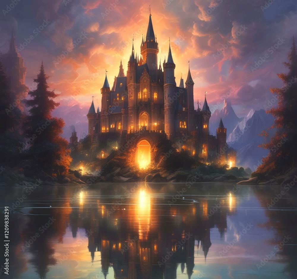 Naklejka premium Illustration of glowing mystery tower castle in night.