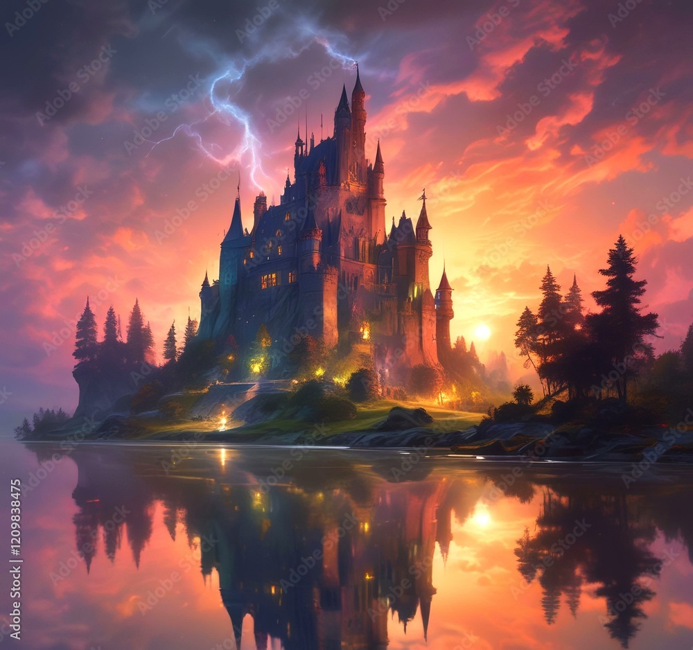 Naklejka premium Illustration of glowing mystery tower castle in night.