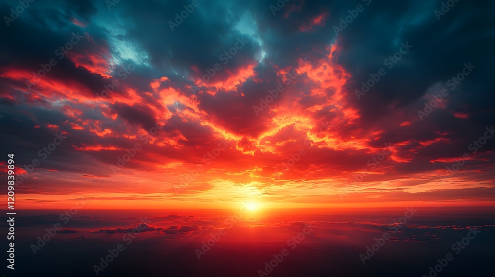 Obraz premium Dramatic sunset displays vibrant orange and deep red gradient with dark crimson clouds, creating majestic dusk horizon and ethereal evening glow in tranquil landscape composition.
