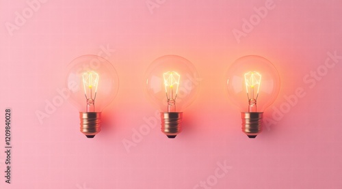 A minimalist design featuring three light bulbs of different sizes, with one bulb glowing brightly 