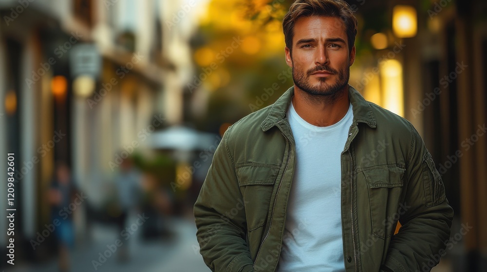 Obraz premium Handsome man strolling through a picturesque street during golden hour in a charming urban neighborhood