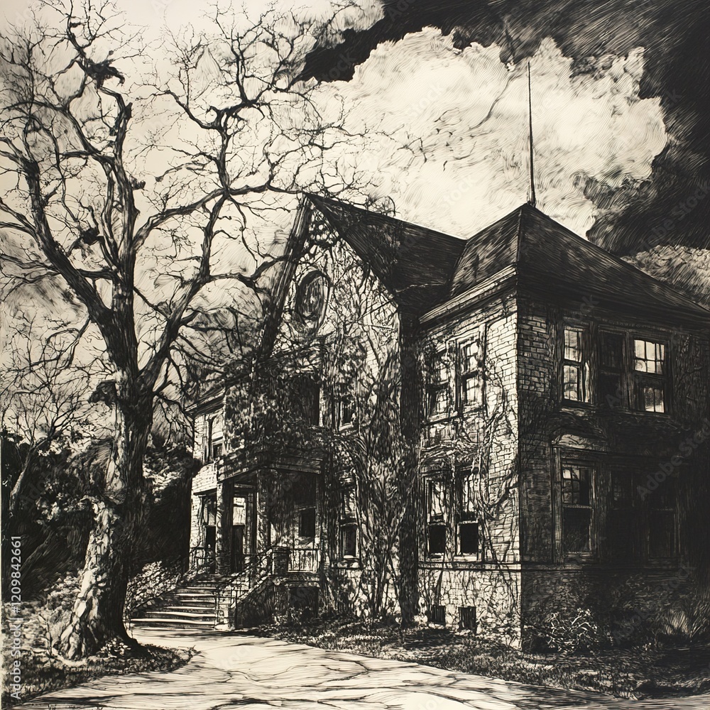 Obraz premium A Monochromatic Vision: An Old House's Enigmatic Charm