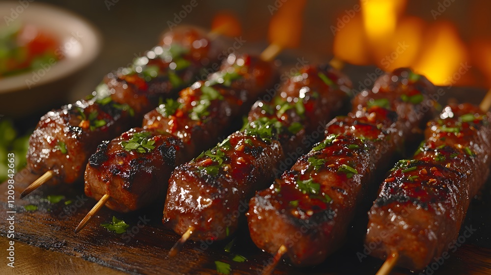 Grilled lamb kebabs sizzle on barbecue with charred meat and spices, showcasing juicy chunks with smoky grill marks, garnished with fresh herbs and glistening marinade in authentic cuisine style. Grilled lamb kebabs sizzle on barbecue with charred meat and spices, showcasing juicy chunks with smoky grill marks, garnished with fresh herbs and glistening marinade in authentic cuisine style.