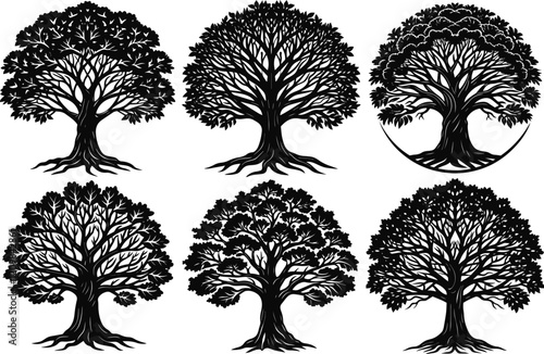 Set of Banyan tree silhouette vector illustration