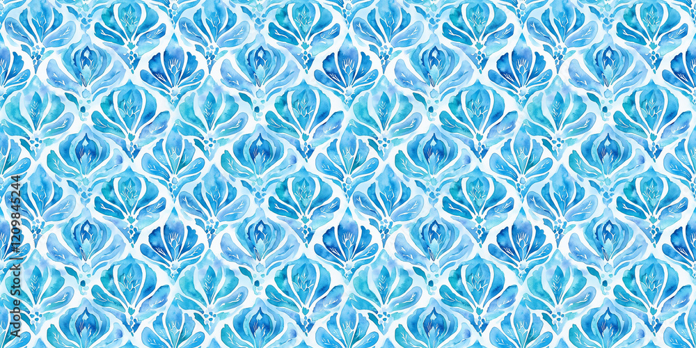 Painted turquoise and white watercolor sheet in the form of an arabesque floral geometric shell, seamless pattern Painted turquoise and white watercolor sheet in the form of an arabesque floral geometric shell, seamless pattern