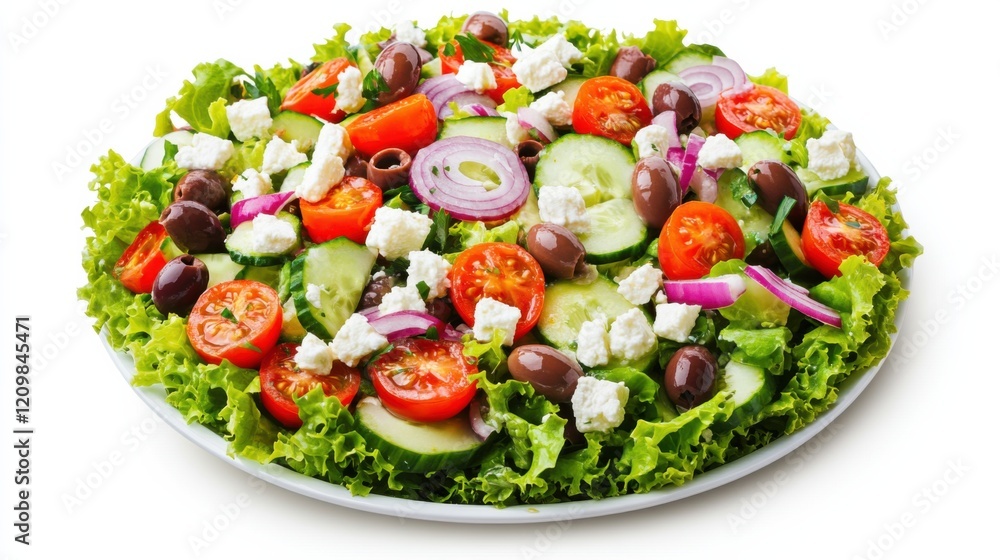 A colorful Greek salad with chopped lettuce, cherry tomatoes, cucumber slices A colorful Greek salad with chopped lettuce, cherry tomatoes, cucumber slices