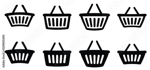 People are shopping, purchase. supermarket basket or cart. Shopping basket or containing bag. Buy and sale in supermarket, self service. Shopkeeper icon. Empty hand bag. Shopping baskets logo.