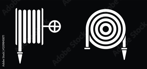 Cartoon fire hose reel. Firefighting equipment. Warning fire, burn symbol alarm. Human beware emergency logo or icon. For Sprinkler signal, fire alarm box, break glass, press here.