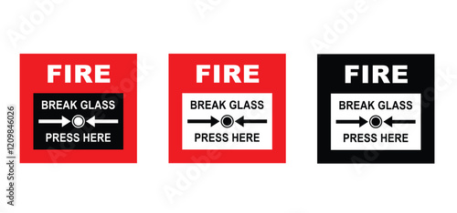 Warning tool, fire alarm emergency system. Fire alarm box, break glass, press here. Safety security system. Automatic fire detection and alarm systems. Fire fighting equipment, sprinkler on ceiling. 