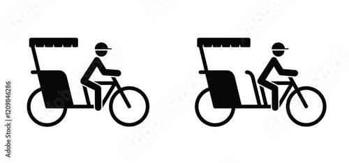 Cartoon becak, rickshaw or tricycle. Pedicab or bike taxi. Traditional vehicle public transportation. bicycles, cycling symbol. Tri cycle city transport. Indian cycle driver. For travel, tourism.