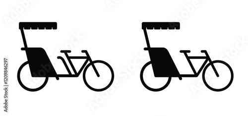 Cartoon becak, rickshaw or tricycle. Pedicab or bike taxi. Traditional vehicle public transportation. bicycles, cycling symbol. Tri cycle city transport. Indian cycle driver. For travel, tourism.