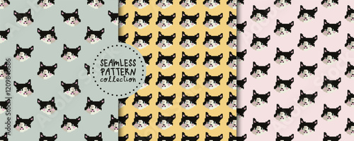 Vector set with seamless patterns, backgrounds, designs, cute cat muzzle prints. Pixel art