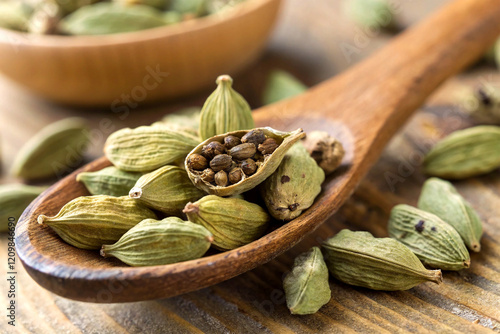 Close-up of cardamom pods in a wooden spoon