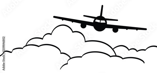 Tourism, airplane flies above the clouds in the sky. Air plane flight route. Vector Aircraft and cloud sign. For summer vacation or holiday. Travel, navigation destination.