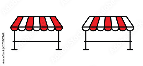 Cartoon mobile market stand icon. Street vendors. Line pattern. Street market stall with Awning for for selling various products. Street stall with awning. 