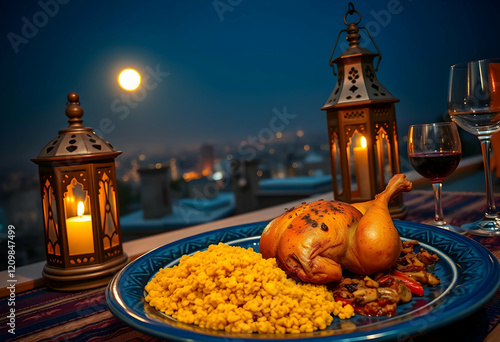 Ornate lantern glowing, plate of dates, full moon, stormy night sky, reflective water surface, Ramadan atmosphere, mystical lighting, dramatic clouds, deep blue tones, golden light, Middle Eastern amb photo