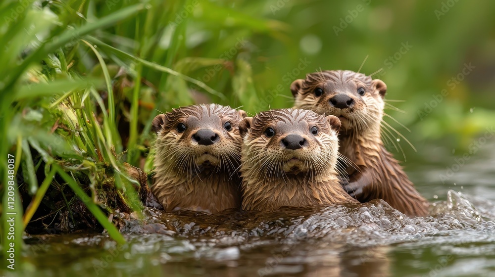 Three playful otters emerge from the water, surrounded by lush greenery, showcasing their adorable expressions and natural habitat. Three playful otters emerge from the water, surrounded by lush greenery, showcasing their adorable expressions and natural habitat.