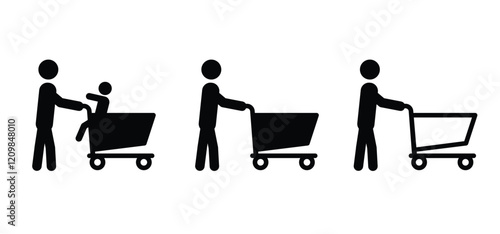 People are shopping. Supermarket pushcart. Shopping cart or trolley, man or woman with kids. Supermarket, self service. Online shop market keeper. Shopkeeper icon. Empty handcart. 