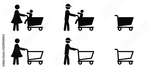 People are shopping. Supermarket pushcart. Shopping cart or trolley, man or woman with kids. Supermarket, self service. Online shop market keeper. Shopkeeper icon. Empty handcart. 