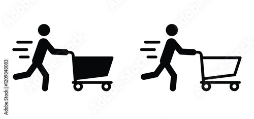 Running, fast people are shopping. Supermarket pushcart. Shopping cart or trolley. Pushing shopping cart and run. Supermarket, self service. Fast shop market keeper. Running with handcart. 