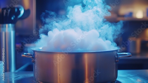 Obraz na płótnie steaming pot filled with boiling water, close-up shot, large steam clouds rising into the air, vibrant kitchen lighting w salonie