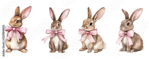 Watercolor set of cute brown bunnies decorated with a pink bow. Cute chocolate colored rabbits with a pink bow around their necks. Easter elements png.