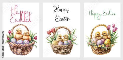 Watercolor set of Easter cards in watercolor. Easter basket filled with Easter eggs and decorated with tulips with cute chicks. Happy Easter. Vector illustration.
