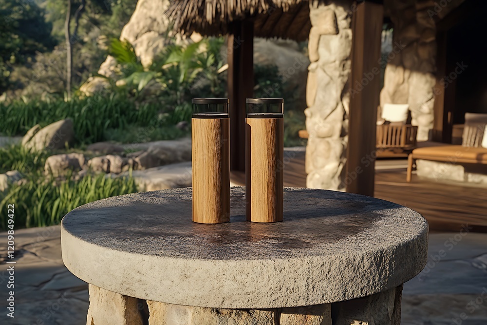 Two simple wooden cylinders on a round stone table, placed outdoors in a tropical setting, creating a minimalistic and relaxing atmosphere. Two simple wooden cylinders on a round stone table, placed outdoors in a tropical setting, creating a minimalistic and relaxing atmosphere.