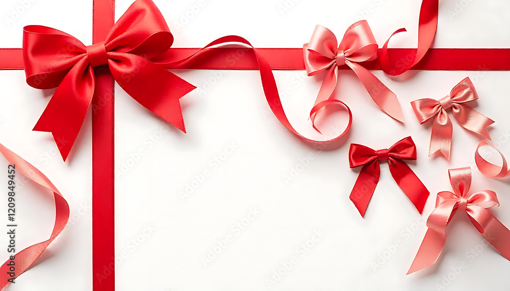 Various red ribbons and bows arranged on a white background, Various red banners, created with generative ai Various red ribbons and bows arranged on a white background, Various red banners, created with generative ai