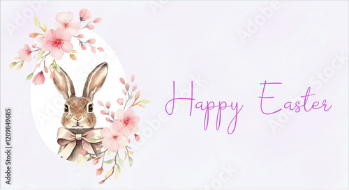 Happy Easter watercolor banner. Cute bunny in egg-shaped frame decorated with pink spring flowers. Watercolor Easter symbols. Vector illustration.