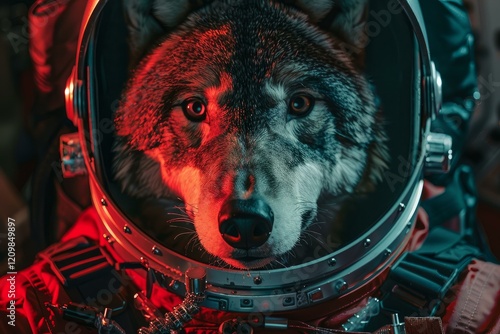 Wolf astronaut wearing spacesuit and looking from inside helmet in outer space, science fiction illustration photo