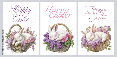 Elegant Easter cards with rabbits in a basket. White fluffy rabbits sleeping in a basket with lilac flowers. Happy Easter. Easter symbols in watercolor.