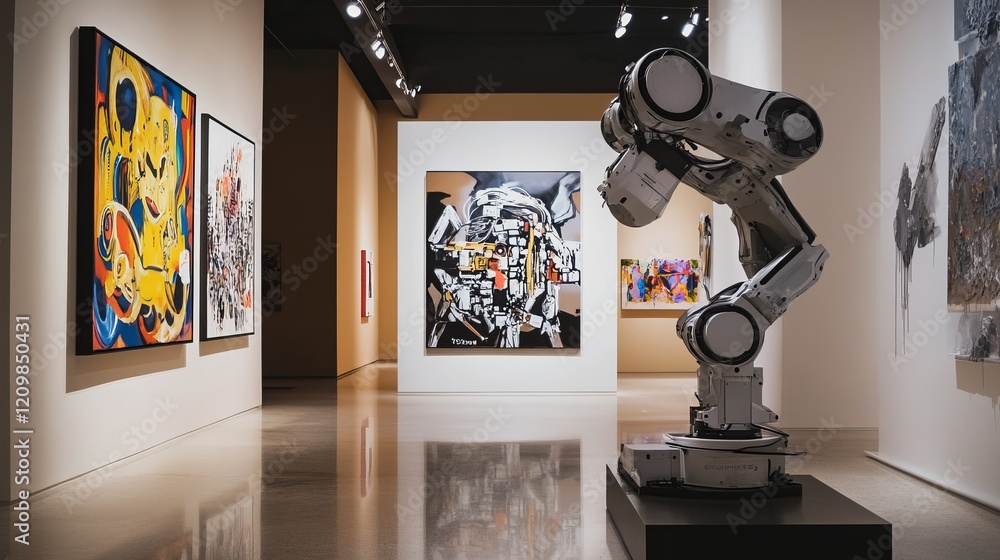 Fototapeta premium A robotic painter creating intricate murals in a modern art gallery, clean and artistic environment with a focus on creativity and art technology, Artistic style