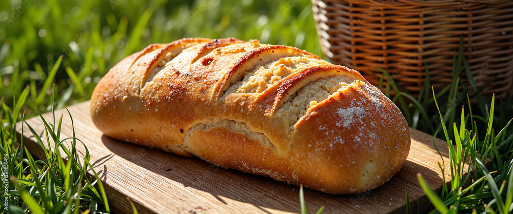 Bauernbrot loaf on wooden board at outdoor picnic, culinary delight Bauernbrot loaf on wooden board at outdoor picnic, culinary delight