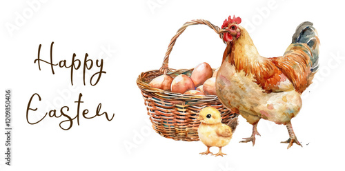 Happy Easter banner. Watercolor Easter banner with a basket of eggs, a chicken and a baby chicken. Easter farm elements concept. Watercolor Easter elements. Vector illustration.