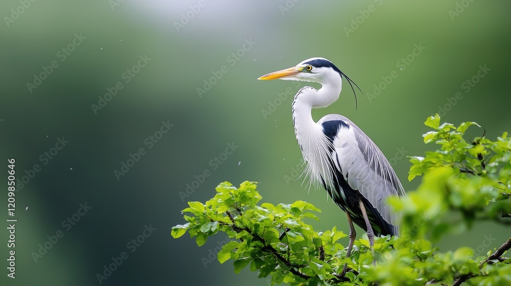 Grey heron perched on tree, rain, green background; nature photography for websites or prints Grey heron perched on tree, rain, green background; nature photography for websites or prints