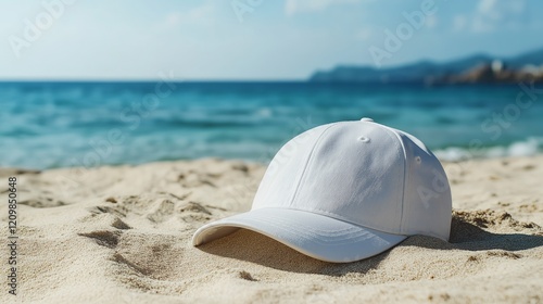 Fototapeta Naklejka Na Ścianę i Meble -  A white baseball cap mockup isolated on the beach sand background