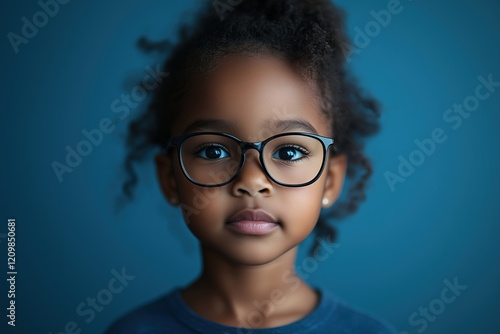 a little black girl wearing vision eyeglasses on a solid background for optics commercial 