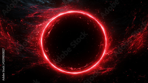 bright fiery red energy circle swirl on black backdround, sphere, frame, copy spase, abstract electric dynamic background