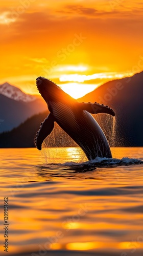 A magnificent humpback whale breaches majestically out of the water during a vibrant sunset. photo