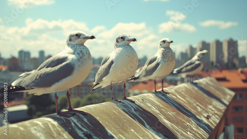 Three Seagulls Perched On A Rooftop In A Quaint Urban Neighborhood photo