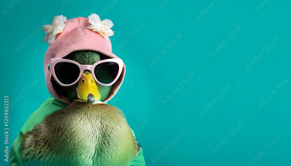 Fototapeta premium duck, wearing, a, cap, hoodie, fashionista, copy space, new, animal, cute, rose, pink, glasses, with, sunglasses, funny, mask, face, beauty, crazy, goggles, scuba, retro, looking, card, design, clean